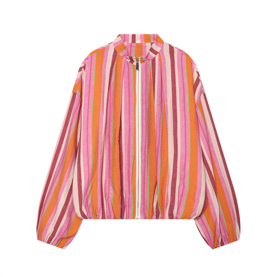 Damen Oversize Leichte Bomberjacke aus gestreiftem Webstoff mit Stehkragen, Reißverschluss und elastischem Saum Shop Nory