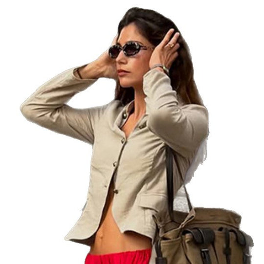 Damen Kurz geschnittene taillierte Leinenoptik-Blazerjacke mit Stehkragen Shop Nory