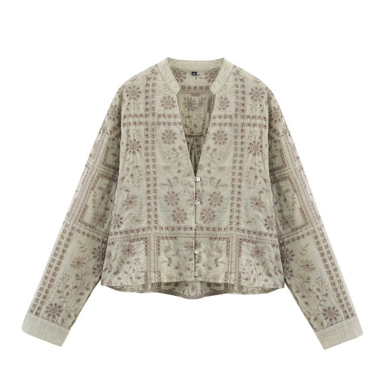 Damen Bestickte V‑Neck Boxy‑Bluse‑Jacke mit Patchwork‑Stickerei Shop Nory