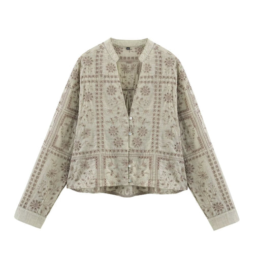 Damen Bestickte V‑Neck Boxy‑Bluse‑Jacke mit Patchwork‑Stickerei Shop Nory
