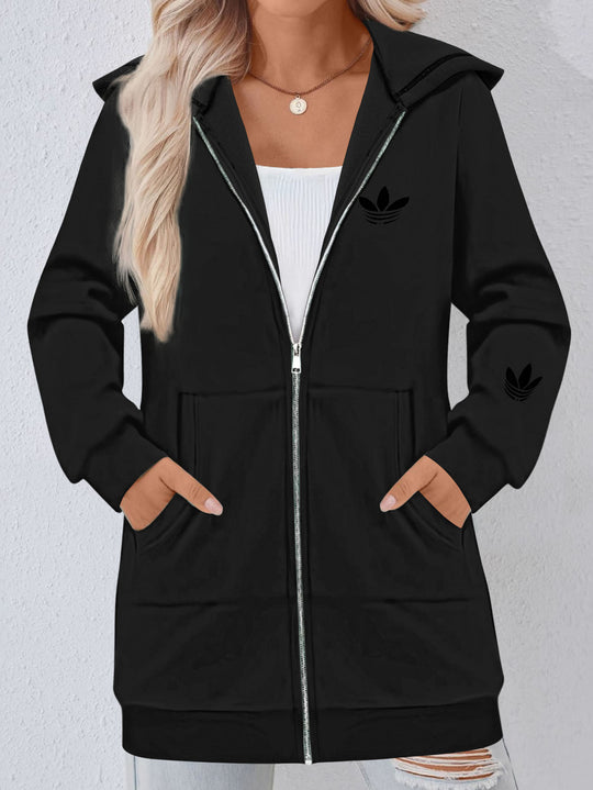 Damen Lange Kapuzen-Sweatjacke mit Metallreißverschluss, Kängurutaschen und figurumspielender Silhouette Shop Nory