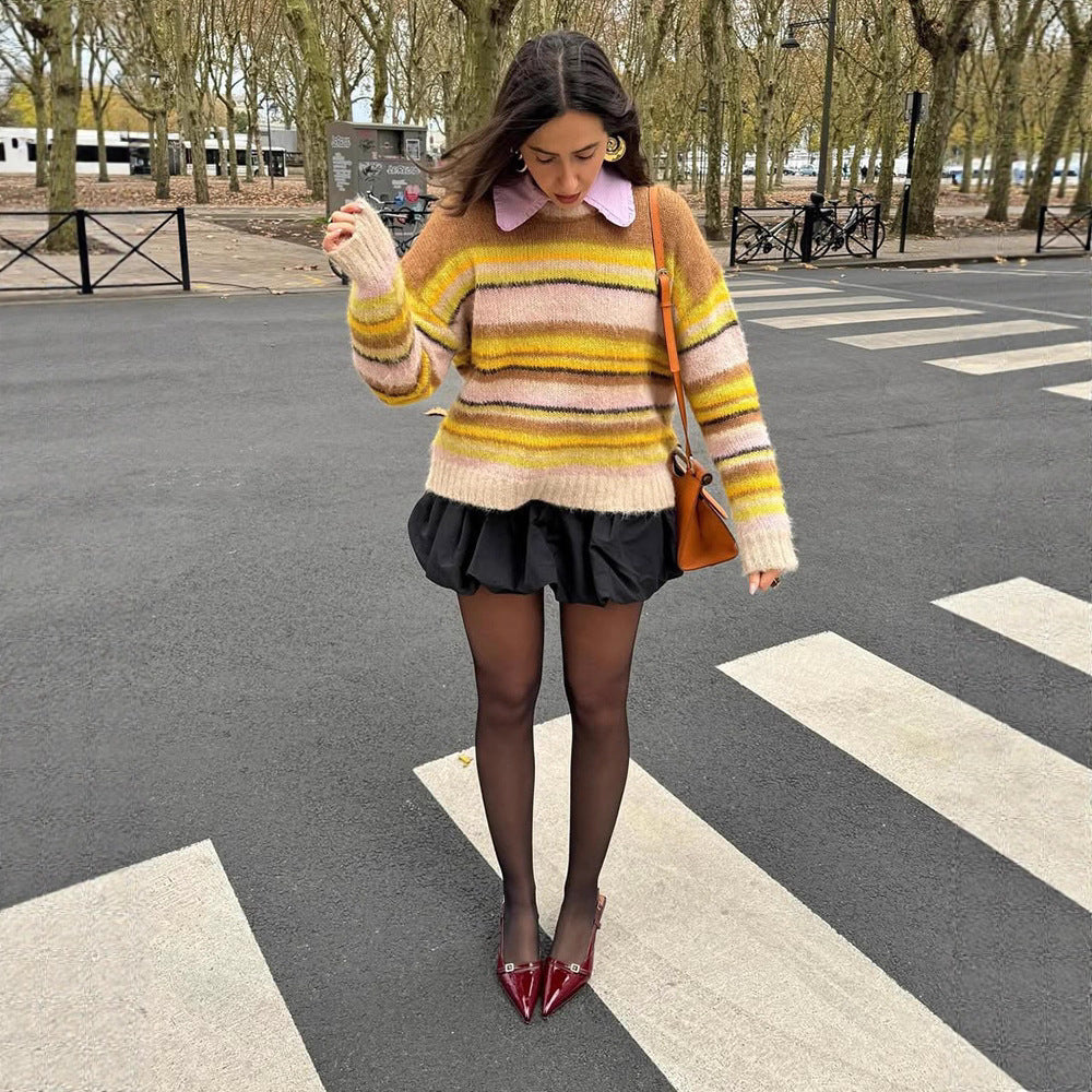 Damen Kuscheliger Streifenpullover aus flauschigem Mohair-Mix mit Rundhalsausschnitt und Oversize-Silhouette Shop Nory