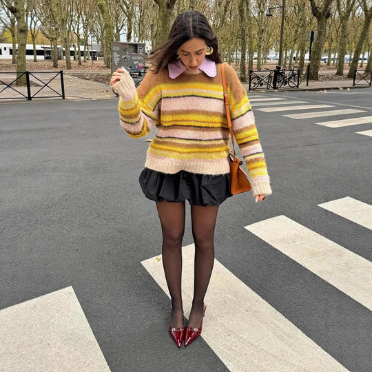 Damen Kuscheliger Streifenpullover aus flauschigem Mohair-Mix mit Rundhalsausschnitt und Oversize-Silhouette Shop Nory