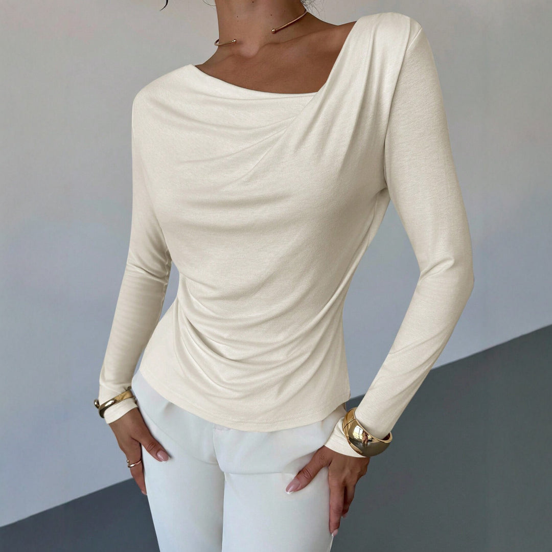 Damen elegantes drapiertes Langarm-Top mit Wasserfallkragen und taillierter Silhouette Shop Nory