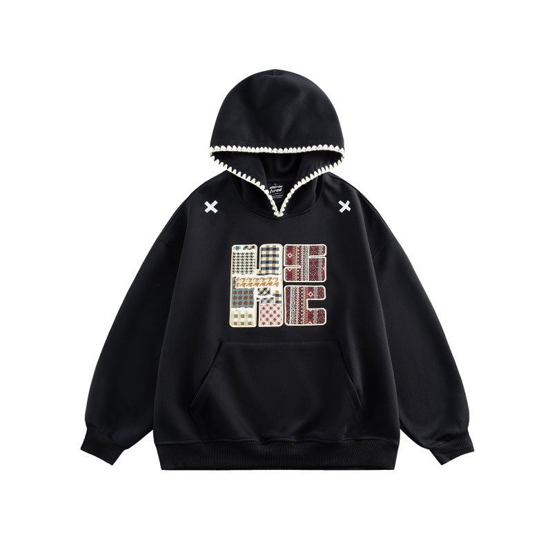 Unisex Weit geschnittener Kapuzenpullover mit Patchwork-Applikation und Kängurutasche Shop Nory
