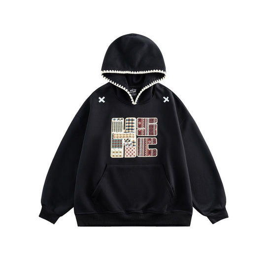 Unisex Weit geschnittener Kapuzenpullover mit Patchwork-Applikation und Kängurutasche Shop Nory