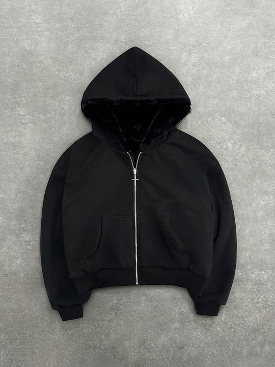 Unisex Kapuzen-Sweatjacke mit Kunstfellfutter, verkürztem Schnitt und Kreuz-Reißverschluss Shop Nory