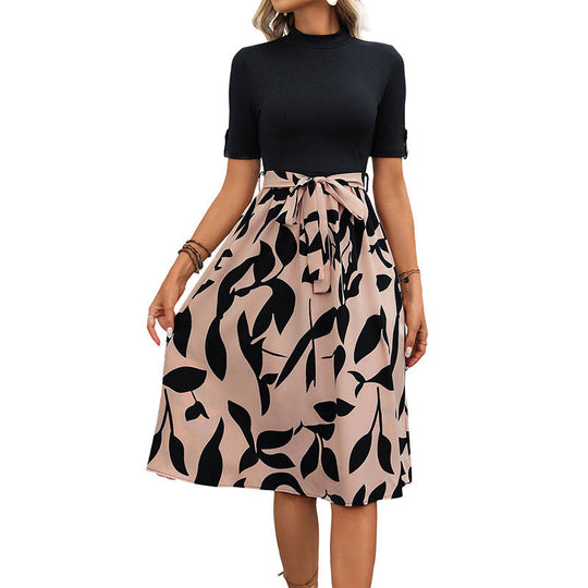Damen Midikleid mit Elastischem Taillenbund und Elegantem Floralem Design