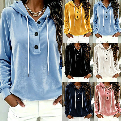 Damen Samt-Hoodie mit Knopfleiste, Kapuze und weichem Fleece-Finish Shop Nory