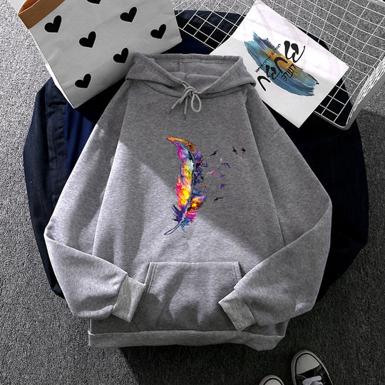 Damen nan Kapuzenpullover mit künstlerischem Aquarell‑Federmotiv, Oversize‑Schnitt und Kängurutasche Shop Nory
