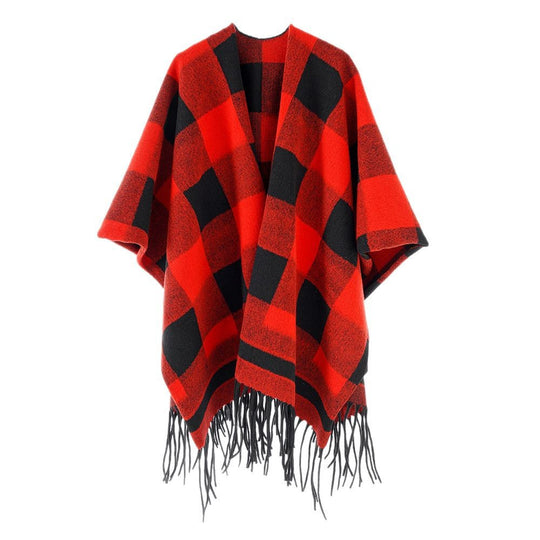 Damen Capeponcho im Plaid-Wickelstil aus Wollmix mit Fransensaum Shop Nory