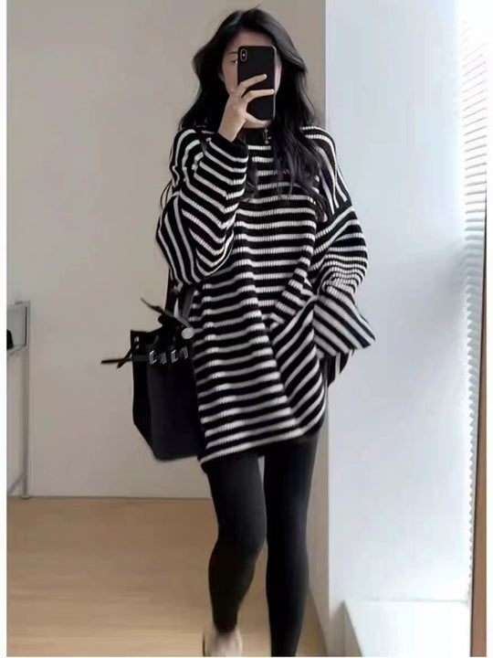 Damen Oversize Strick-Longpullover mit horizontaler Streifenstruktur Shop Nory