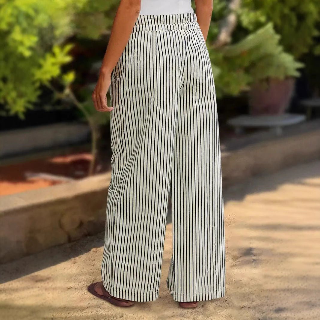 Damen Leichte Leinenoptik Palazzo‑Hose mit Gummibund, Kordelzug und senkrechtem Streifenmuster Shop Nory