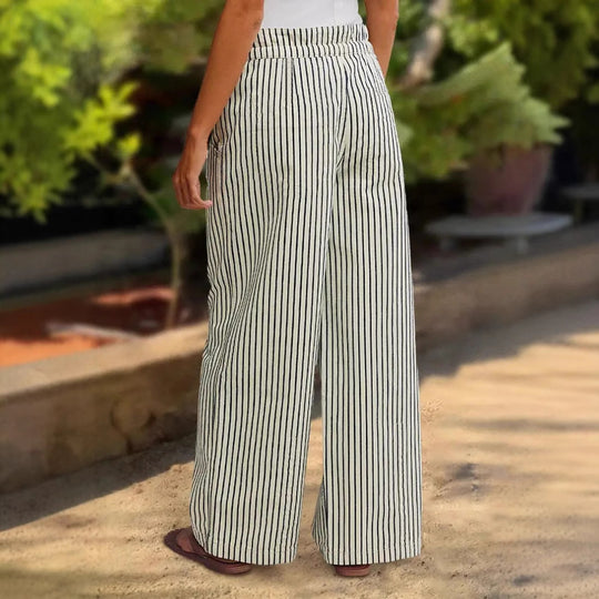 Damen Leichte Leinenoptik Palazzo‑Hose mit Gummibund, Kordelzug und senkrechtem Streifenmuster Shop Nory
