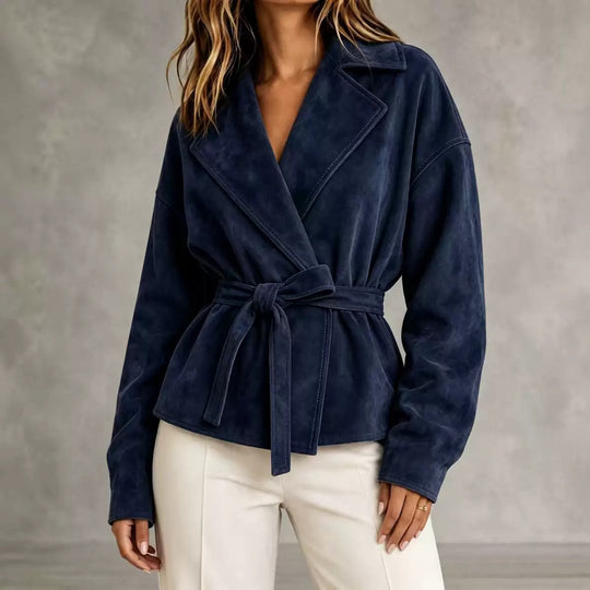 Damen Veloursleder-Blazer mit Wickelgürtel und Oversize-Ärmeln Shop Nory