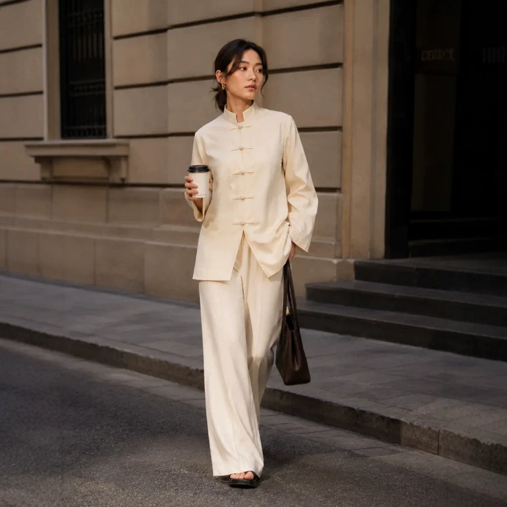 Damen Mandarin-Kragen Tunikajacke mit Knotenverschlüssen und weiter Palazzo-Hose Shop Nory