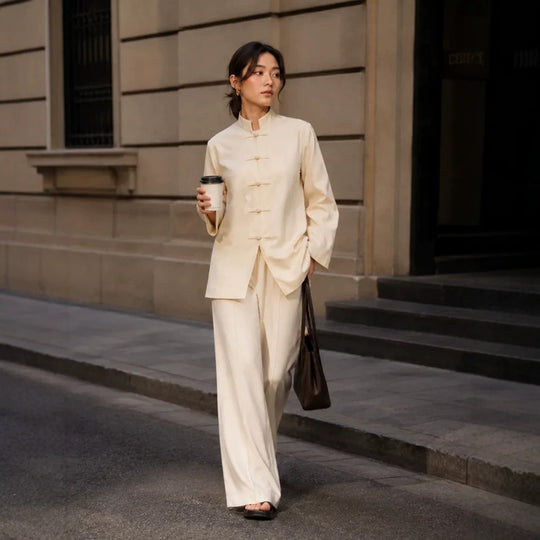 Damen Mandarin-Kragen Tunikajacke mit Knotenverschlüssen und weiter Palazzo-Hose Shop Nory