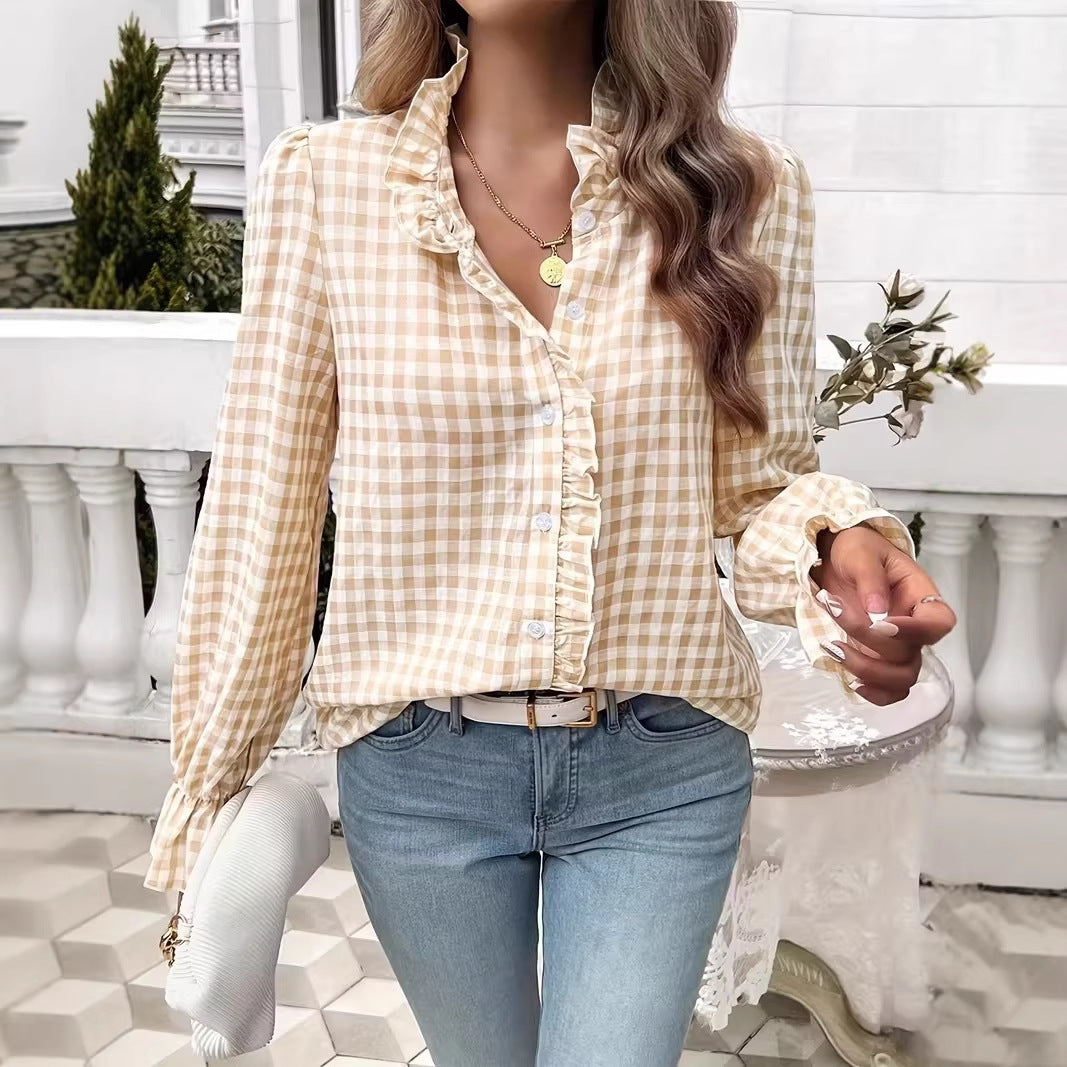 Damen nan karierte Rüschenbluse mit Stehkragen, verdeckter Knopfleiste und Glockenärmeln Shop Nory