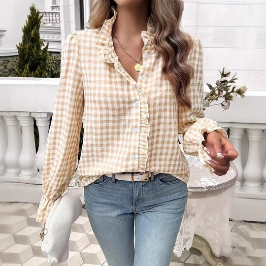 Damen nan karierte Rüschenbluse mit Stehkragen, verdeckter Knopfleiste und Glockenärmeln Shop Nory