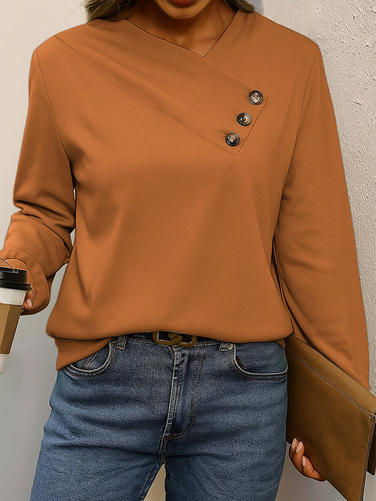 Damen Asymmetrische V-Ausschnitt Bluse mit Zierknopfleiste und Langarm Shop Nory