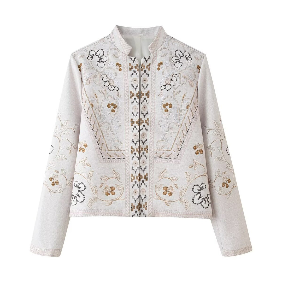 Damen bestickte Boxy-Kurzjacke mit Stehkragen und floraler Stickerei Shop Nory