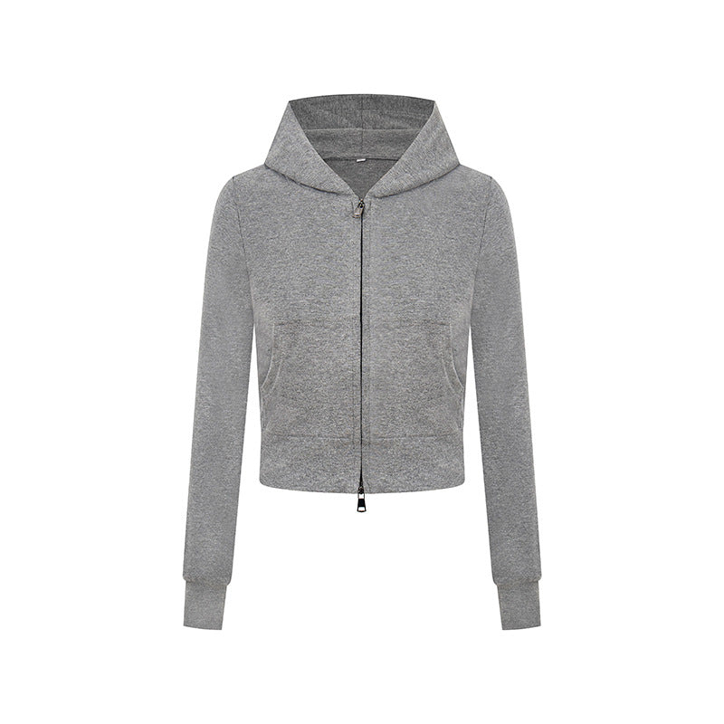 Damen Kurz geschnittene Kapuzenjacke aus Baumwollmix mit zweiseitigem Reißverschluss und Rippbündchen Shop Nory