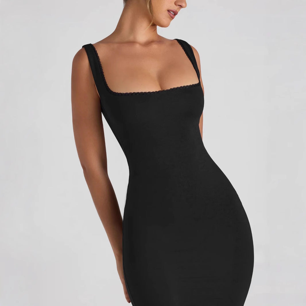 Damen figurbetontes Midikleid mit quadratischem Ausschnitt und Spitzenakzenten