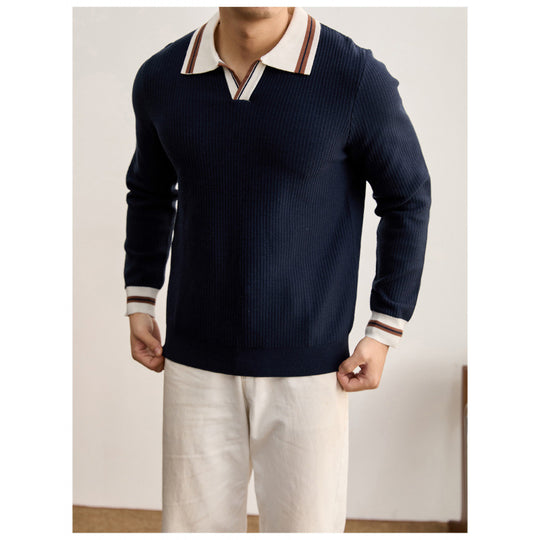 Herren Feinstrick-Polo mit V-Ausschnitt, gerippter Struktur und kontrastierenden Bündchen Shop Nory