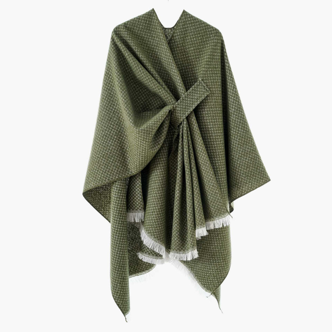 Damen Kastenförmiger Wickelponcho aus Wollmix mit Hahnentritt und Fransensaum Shop Nory