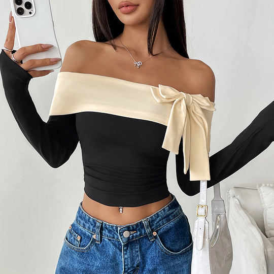 Damen Schulterfreies Langarm-Top mit weitem Umschlagkragen und Zierschleife Shop Nory