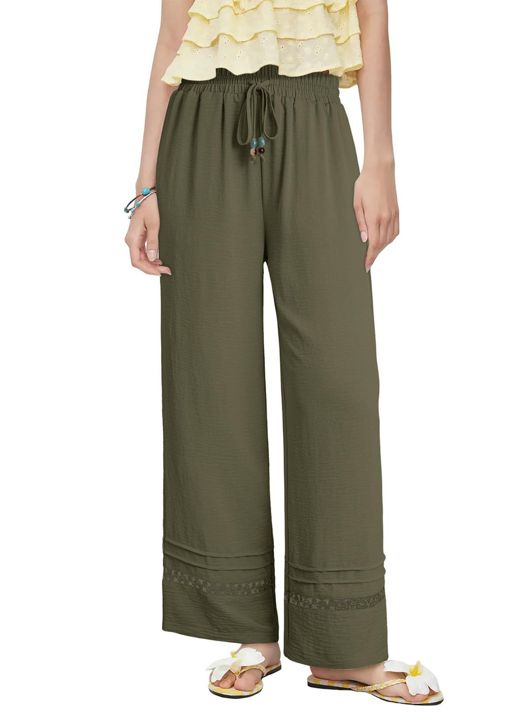 Damen Weite Leinenoptik-Hose mit hohem Gummibund, Bindekordel und Spitzeneinsatz Shop Nory