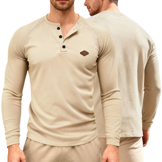 Herren nan Waffelstrick-Henley Langarmshirt mit Raglanärmeln, Halbknopfleiste und Lederlabel Shopnory