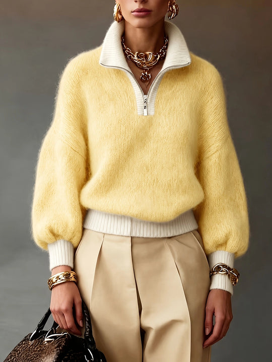 Damen Flauschiger Pullover mit halbem Reißverschluss, Stehkragen und Ballonärmeln Shop Nory