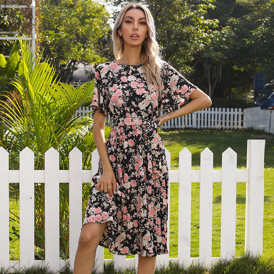 Damen Florales Midikleid mit Bindegürtel, Flatterärmeln und A-Linien-Schnitt Shop Nory