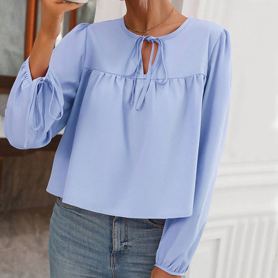 Damen lockere Bluse mit gerüschtem Einsatz, Bindeschleife am Ausschnitt und Kordelärmeln Shop Nory