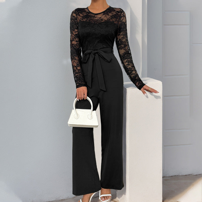 Damen Spitzen-Einteiler mit Taillengürtel und weitem Bein Shop Nory