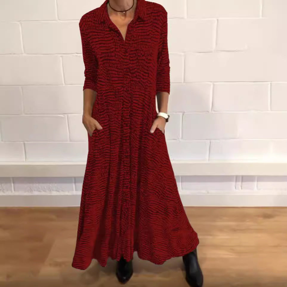 Damen nan fließendes Maxikleid mit Hemdblusenkragen, V-Ausschnitt, dreiviertelärmeln und Seitentaschen