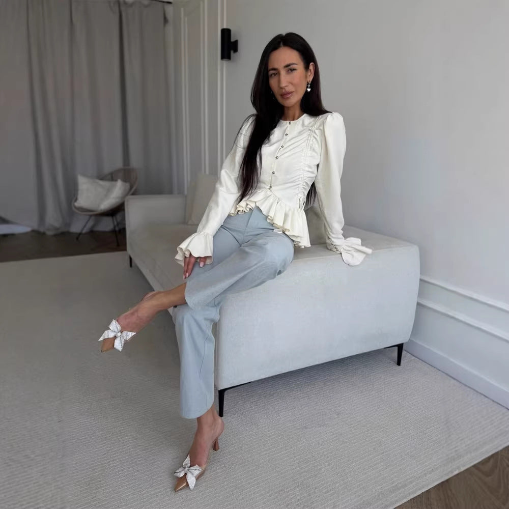 Damen Rüschenbesetzte taillierte Bluse mit Schößchen & Puffärmeln Shop Nory