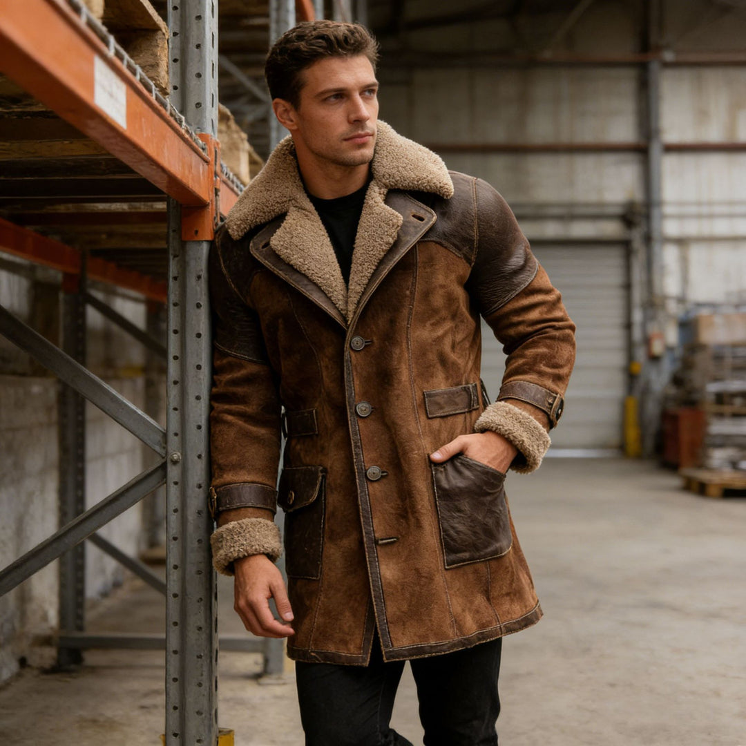 Herren Langer Shearling-Mantel aus Wildleder mit Lederbesatz Shop Nory