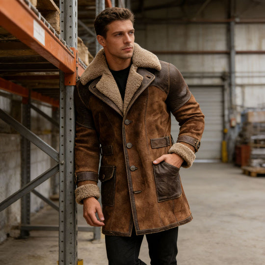 Herren Langer Shearling-Mantel aus Wildleder mit Lederbesatz Shop Nory