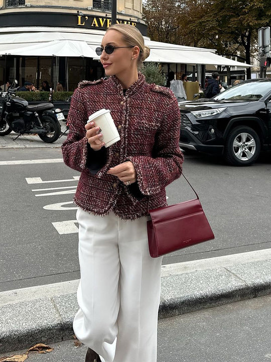 Damen Kurze Bouclé-Tweed-Jacke mit Fransenbesatz und Zierknöpfen Shop Nory