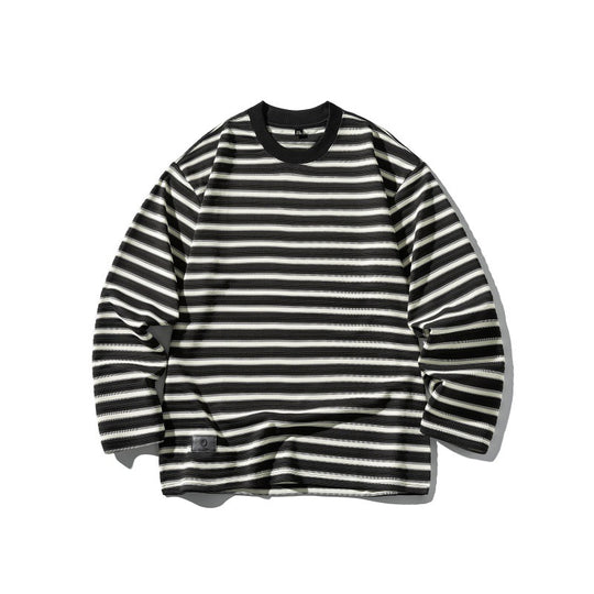 Unisex Gestreiftes Oversize-Langarmshirt aus Baumwollmix mit geripptem Rundhals Shop Nory
