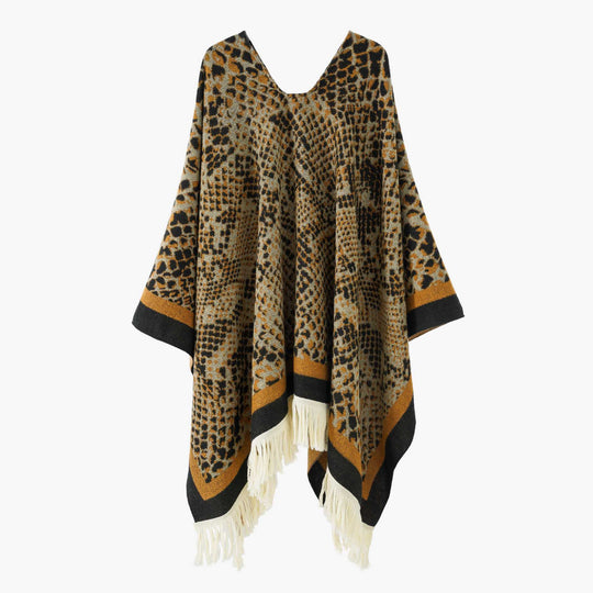 Damen Jacquard-Poncho mit V-Ausschnitt, Animalprint und Fransensaum Shop Nory