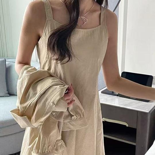 Damen Zweiteiliges Leinenoptik-Midikleid mit kurzer Jacke, tailliertem Gummizug und Puffärmeln Shop Nory
