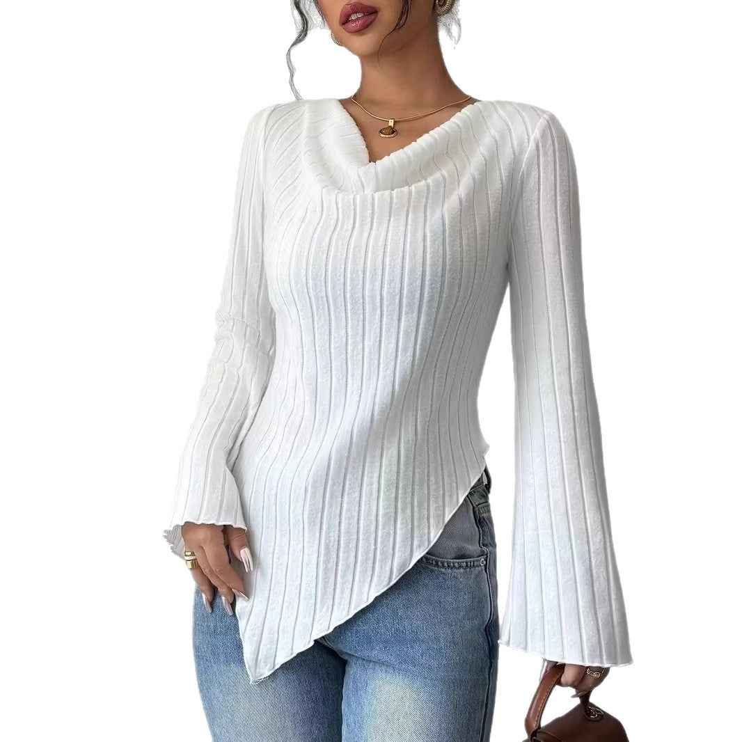 Damen Asymmetrischer Gerippter Feinstrickpullover mit V-Ausschnitt Shop Nory