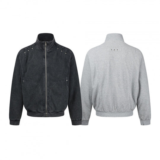 Unisex Grobgestrickte Zip‑Bomberjacke mit Stehkragen, Nieten‑Detail und Reißverschlusstaschen Shop Nory