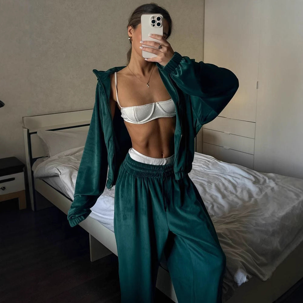 Damen lässiges Lounge-Zweiteiler Set mit Oversize Zipjacke und weitem Bundhose Shop Nory