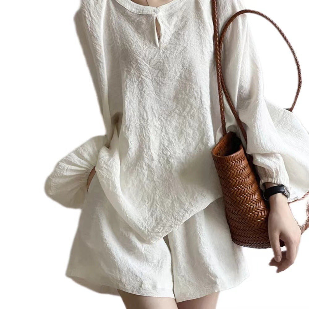Damen Lockeres Leinen-Set mit Rundhalsausschnitt, Schlitzbluse und weiten Shorts Shop Nory