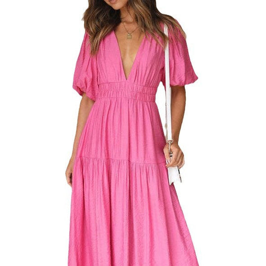 Damen Maxikleid mit tiefem V-Ausschnitt und schwingendem Rock