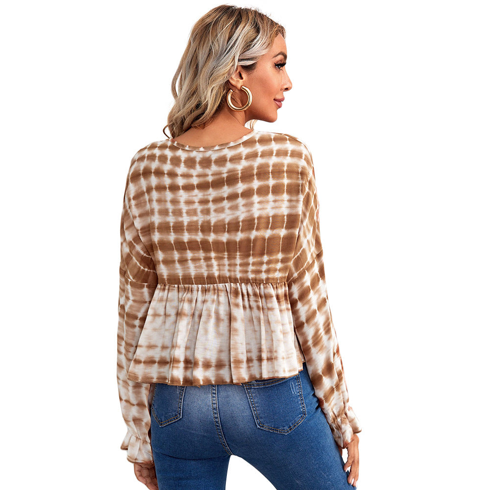 Damen luftiges Peplum-Blusenshirt mit Batikmuster, Kordel‑Neckline und gerafften Ärmeln Shop Nory